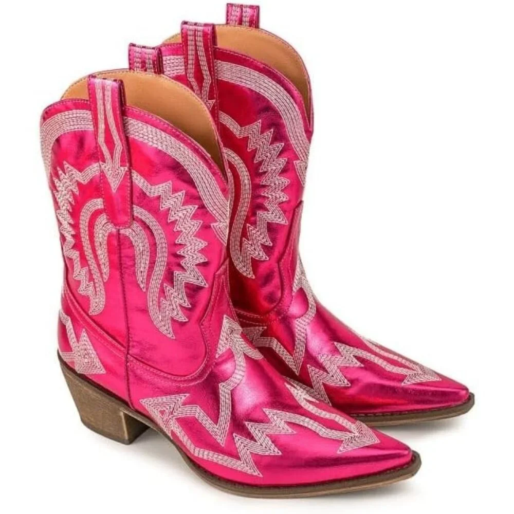 ⚡Women's Pink Embroidered Cowgirl Boot Calf Thick Heels Pointed Head Ankle Boot